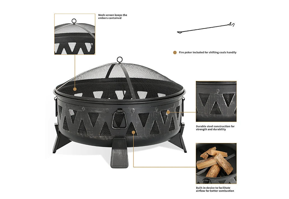 Fire Pit 30-Inch Wood-Burning With Spark Screen & Poker