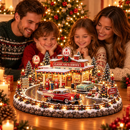 Gas Station Village Lighted Vintage With Classic Cars