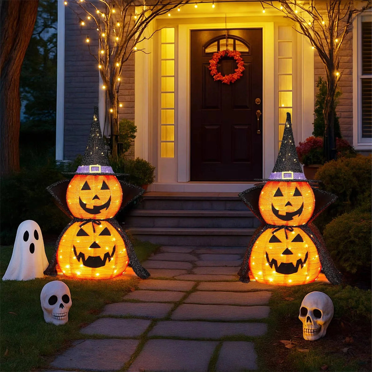 Halloween Pumpkin Decorations Warm White LED Set of 2