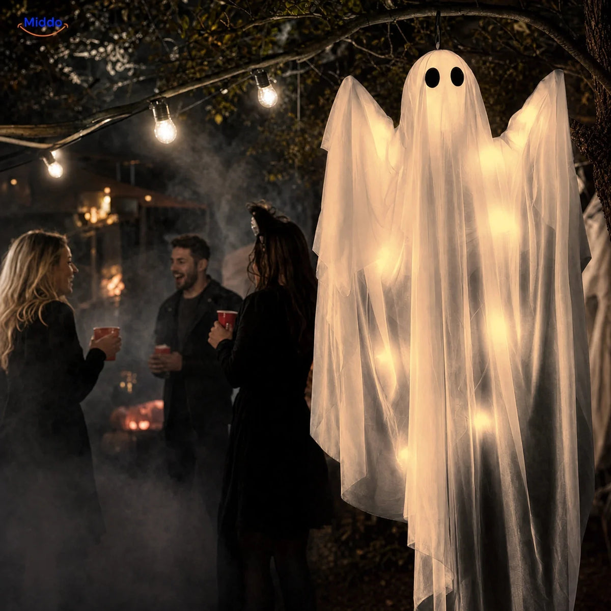 Hanging Ghost Decoration 47-Inch Layered Fabric LED Options