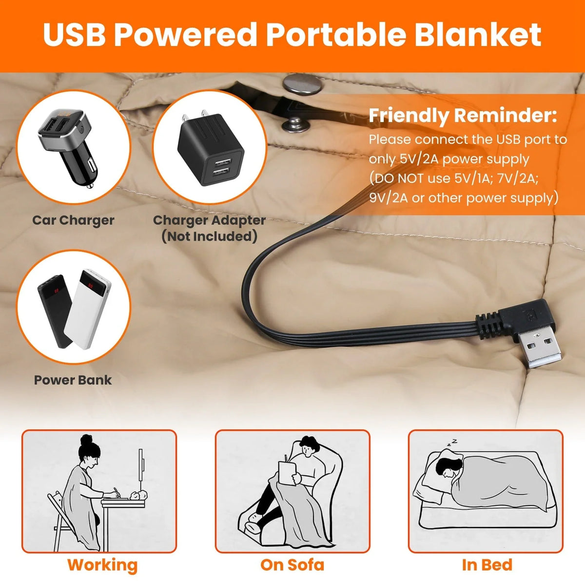 Heated Wrap Blanket USB Powered Six Heating Zones