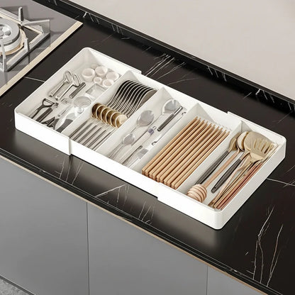 Kitchen Drawer Organizer Adjustable Compartments Durable Plastic Wipe-Clean Surface