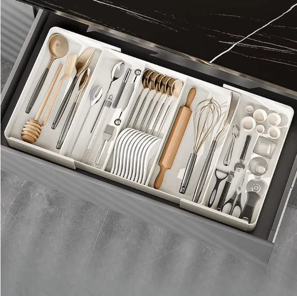 Kitchen Drawer Organizer Adjustable Compartments Durable Plastic Wipe-Clean Surface