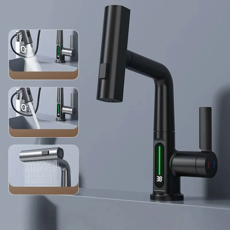 Kitchen Faucet Pull-Out Sprayer LED Temperature Display 360° Swivel