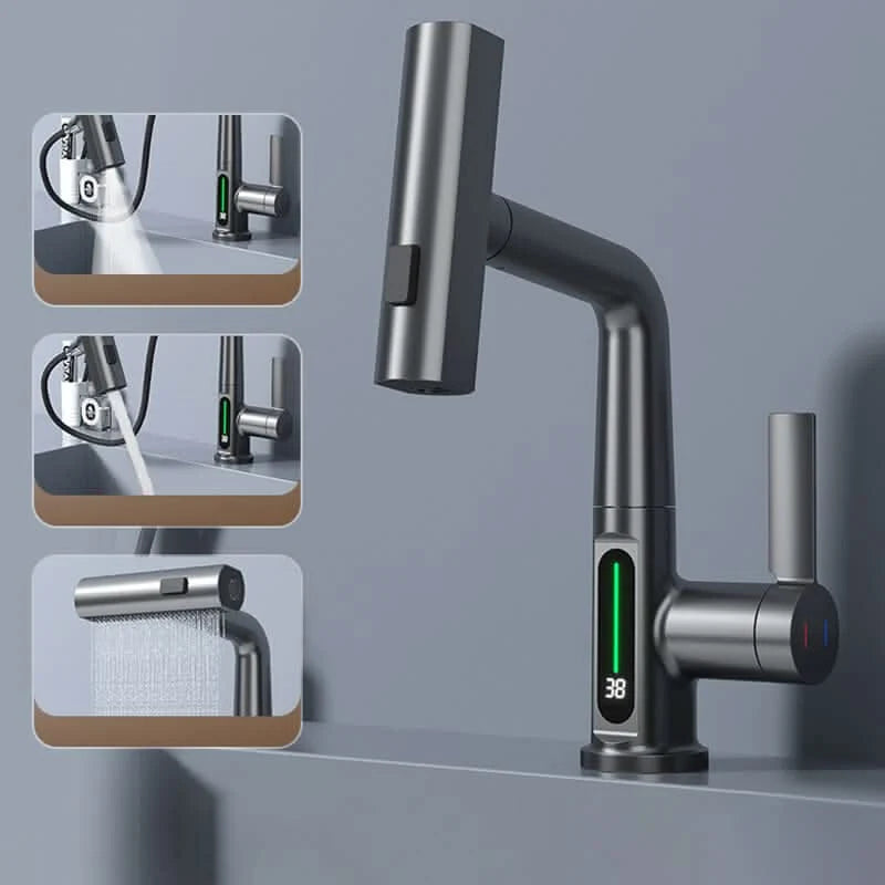 Kitchen Faucet Pull-Out Sprayer LED Temperature Display 360° Swivel