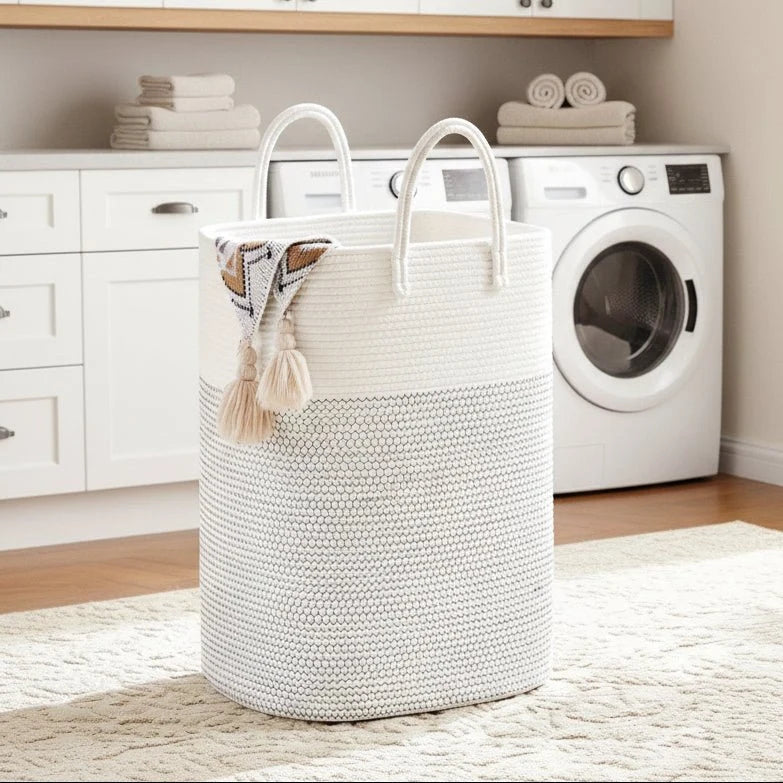 Laundry Basket Woven Cotton Foldable Breathable With Handles