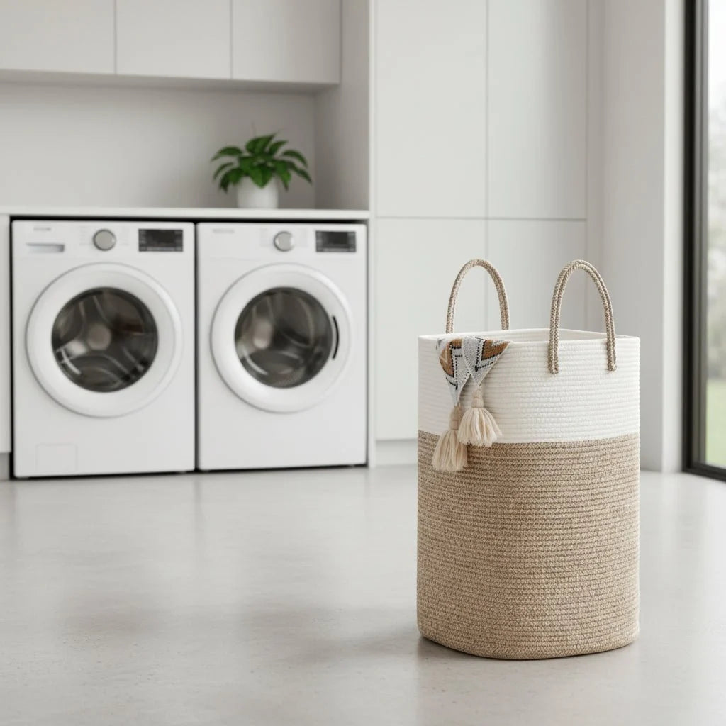 Laundry Basket Woven Cotton Foldable Breathable With Handles