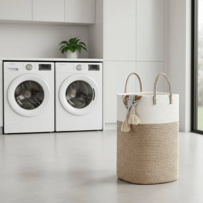 Laundry Basket Woven Cotton Foldable Breathable With Handles