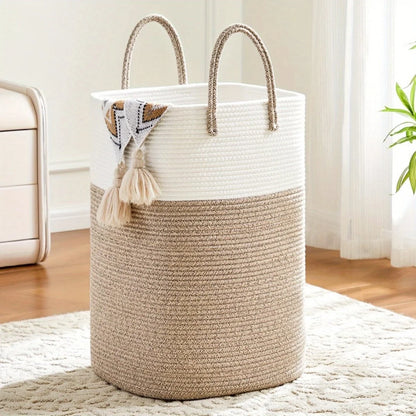 Laundry Basket Woven Cotton Foldable Breathable With Handles