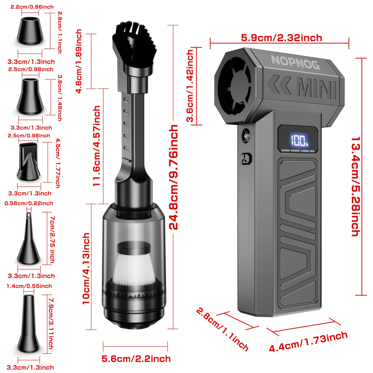 Mini Air Blower & Vacuum Cordless USB-C Rechargeable 3 Nozzles