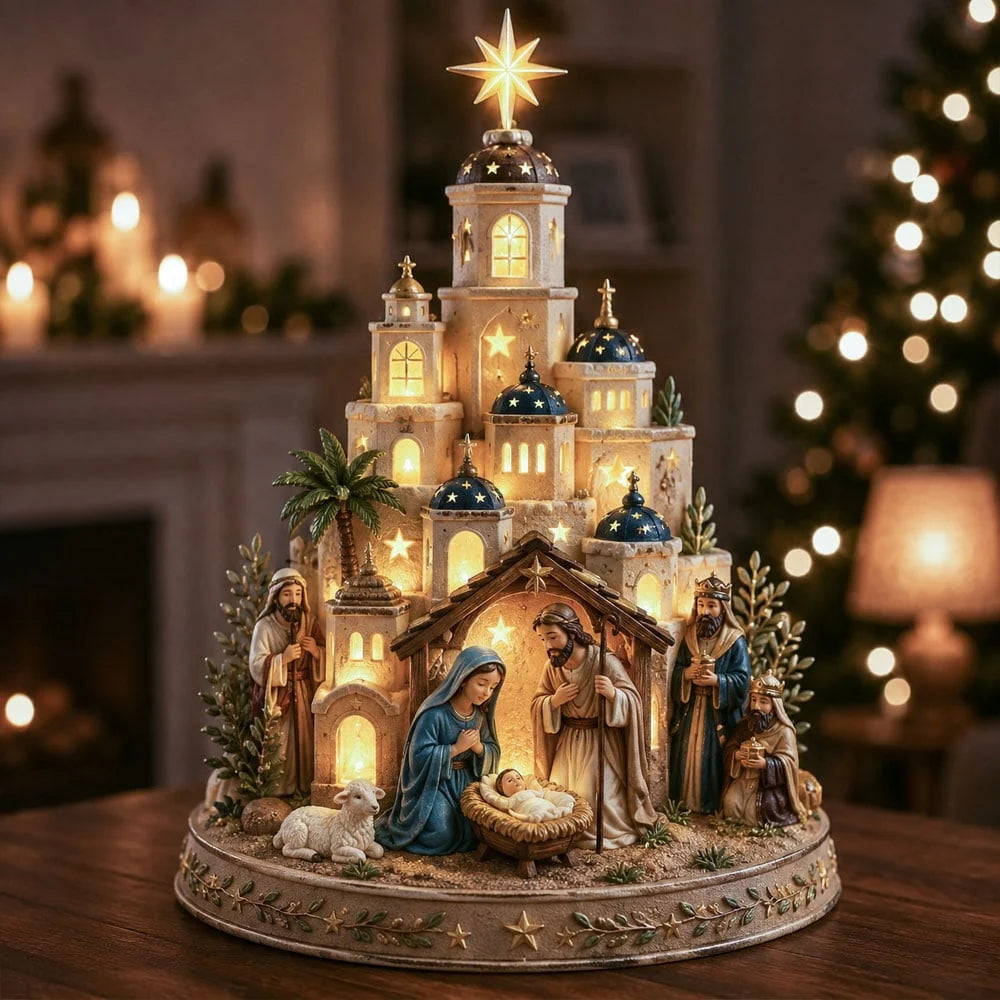 Nativity Scene Decoration Illuminated Resin Church Tower