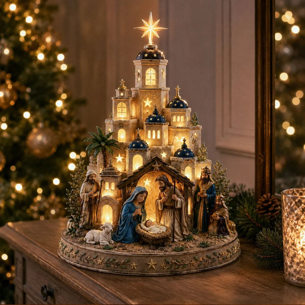 Nativity Scene Decoration Illuminated Resin Church Tower