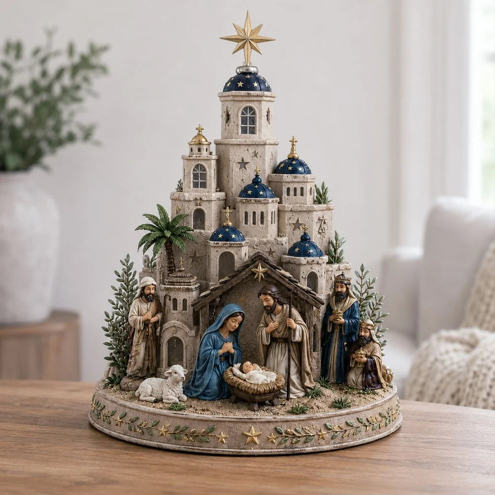 Nativity Scene Decoration Illuminated Resin Church Tower