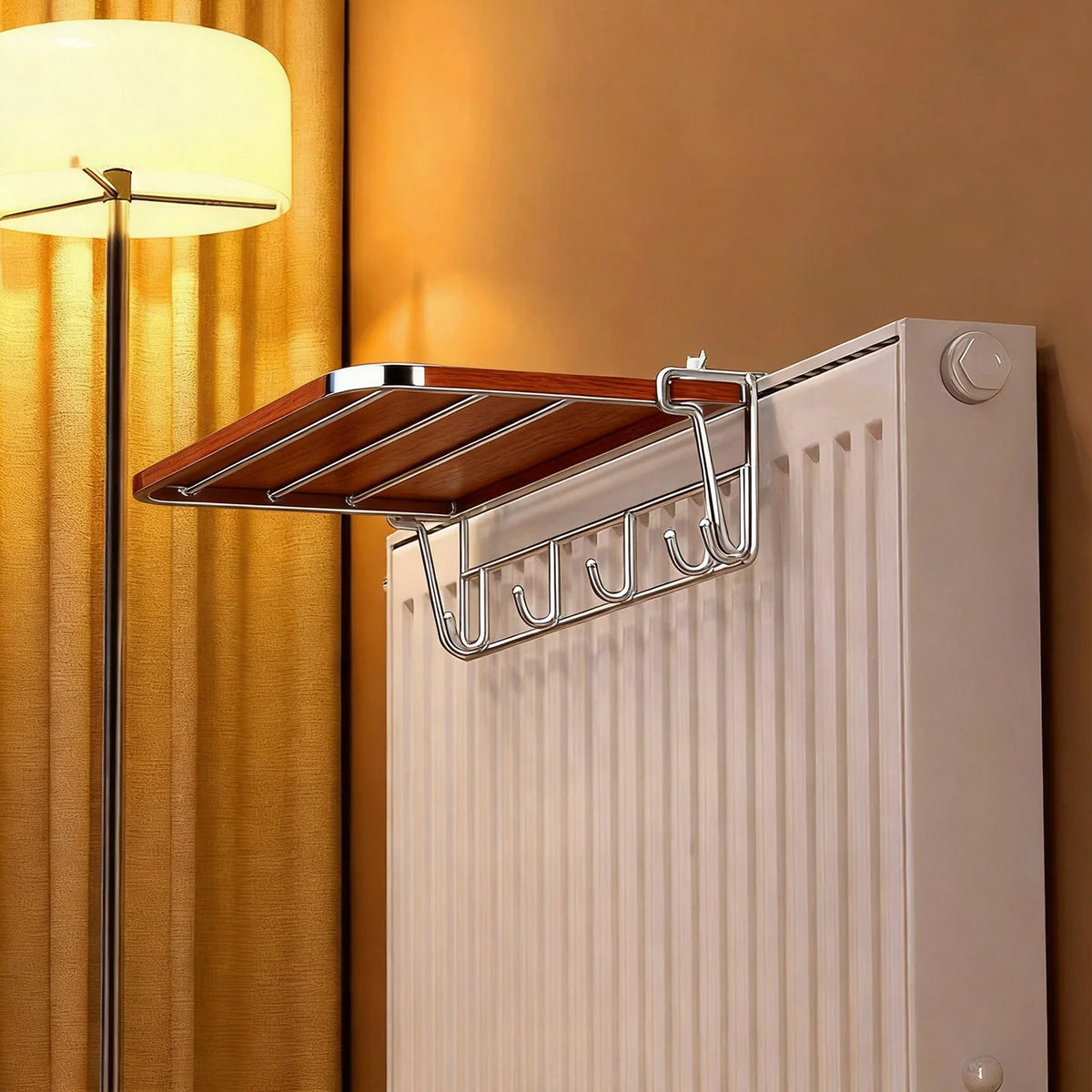 Radiator Drying Rack Foldable Rust-Resistant Metal With Hooks & Shelf