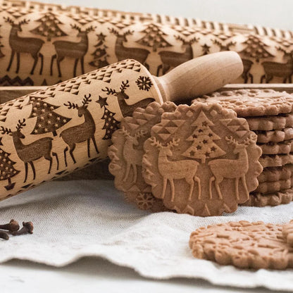 Rolling Pin Solid Maple Wood Deep-Carved Holiday Patterns