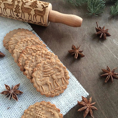 Rolling Pin Solid Maple Wood Deep-Carved Holiday Patterns
