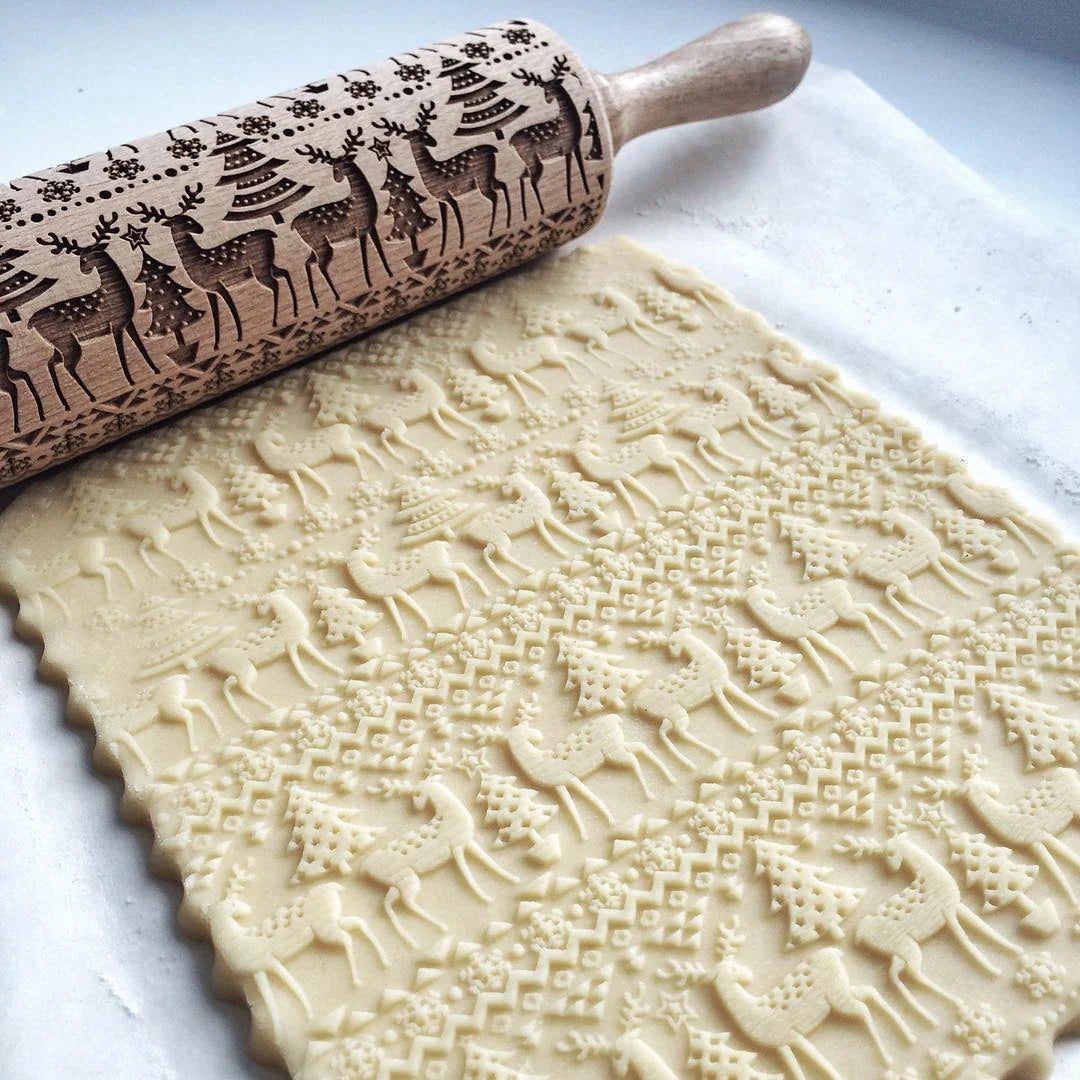 Rolling Pin Solid Maple Wood Deep-Carved Holiday Patterns