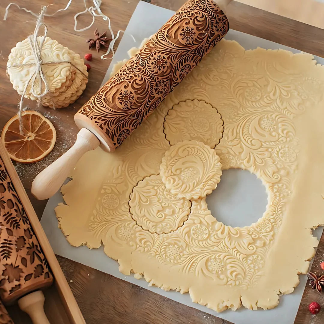 Rolling Pin Solid Maple Wood Deep-Carved Holiday Patterns