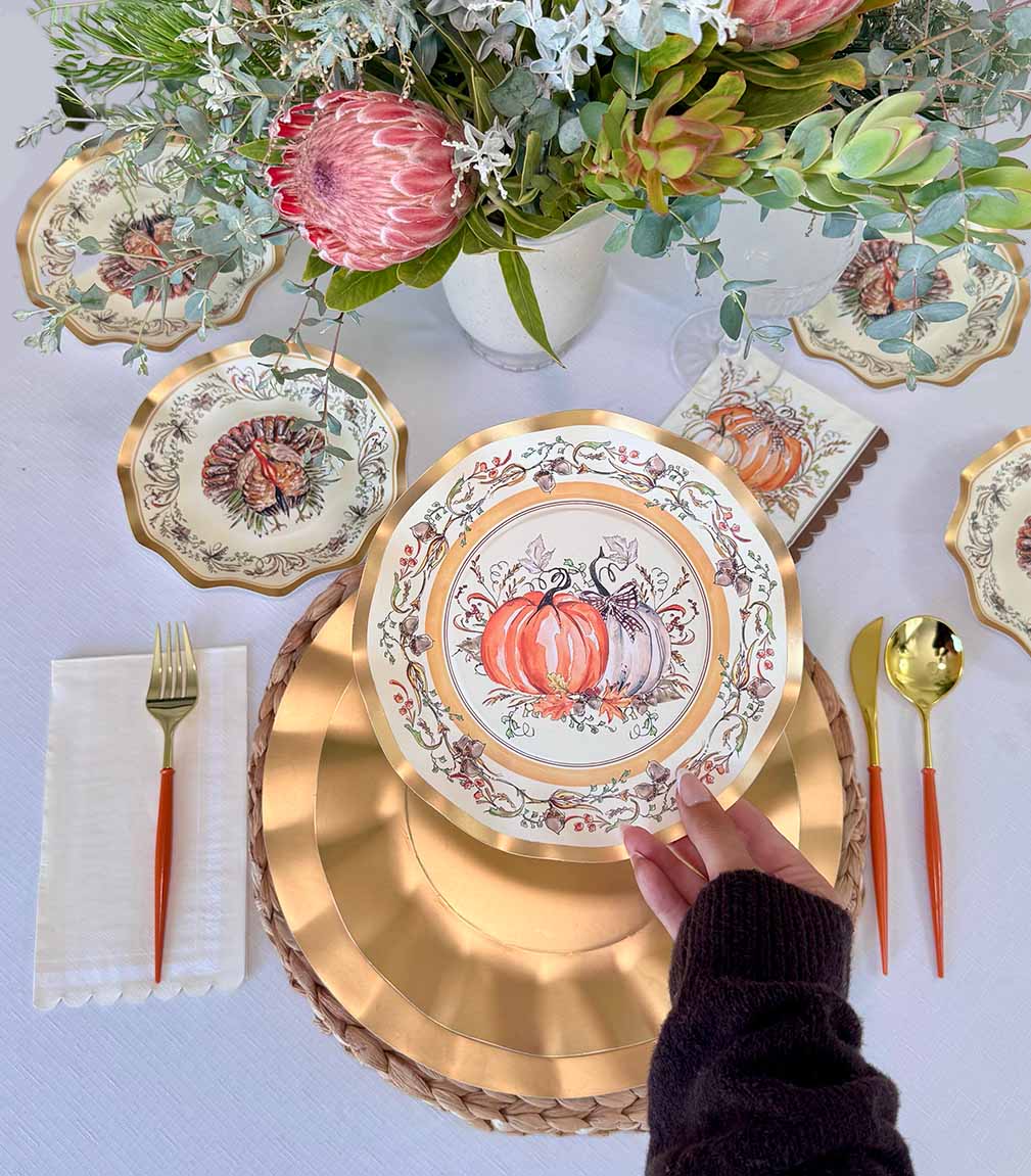 Thanksgiving Plates Heavy-Duty Disposable Paper Gold Accents