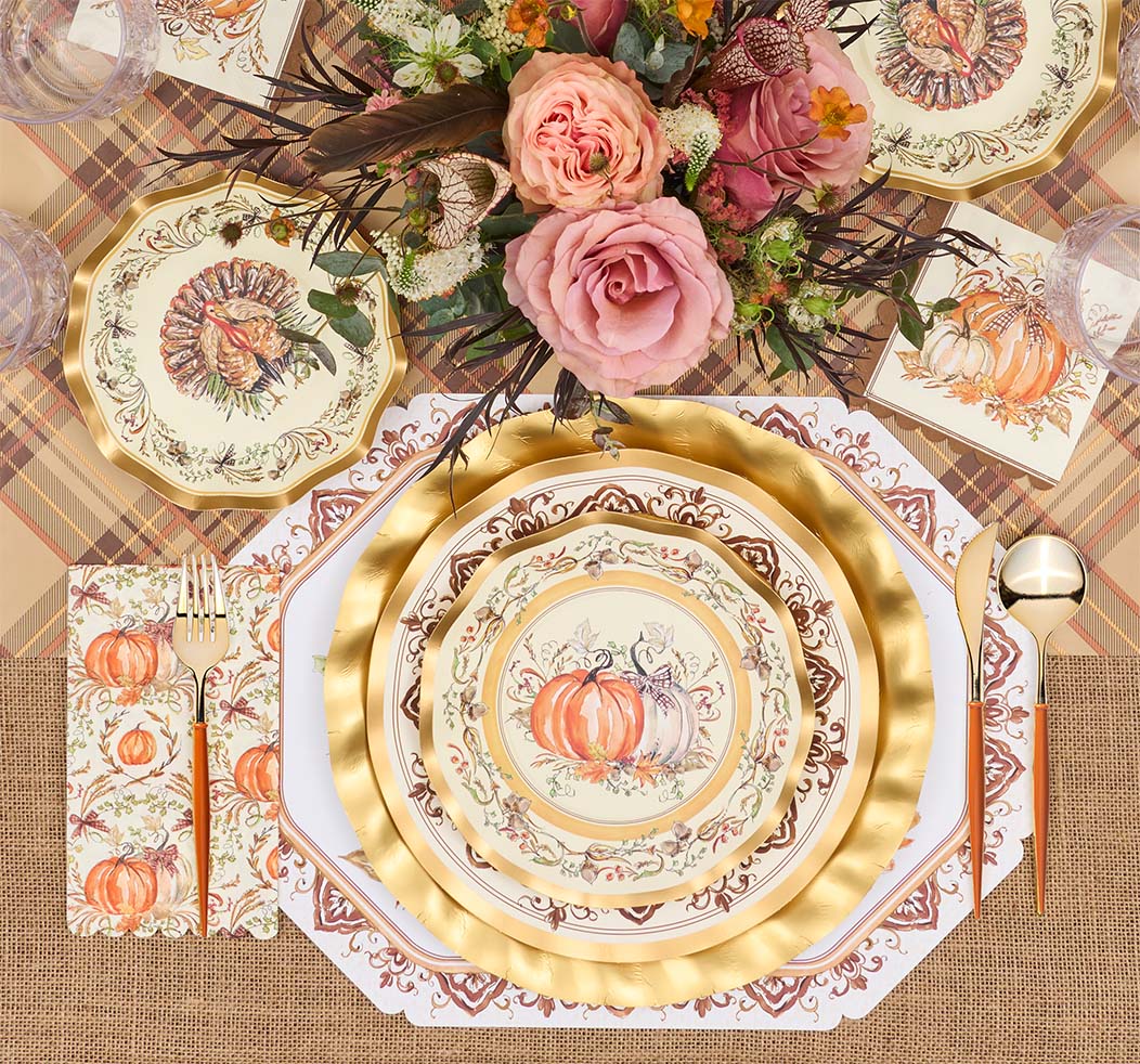 Thanksgiving Plates Heavy-Duty Disposable Paper Gold Accents