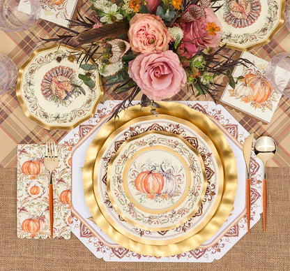 Thanksgiving Plates Heavy-Duty Disposable Paper Gold Accents