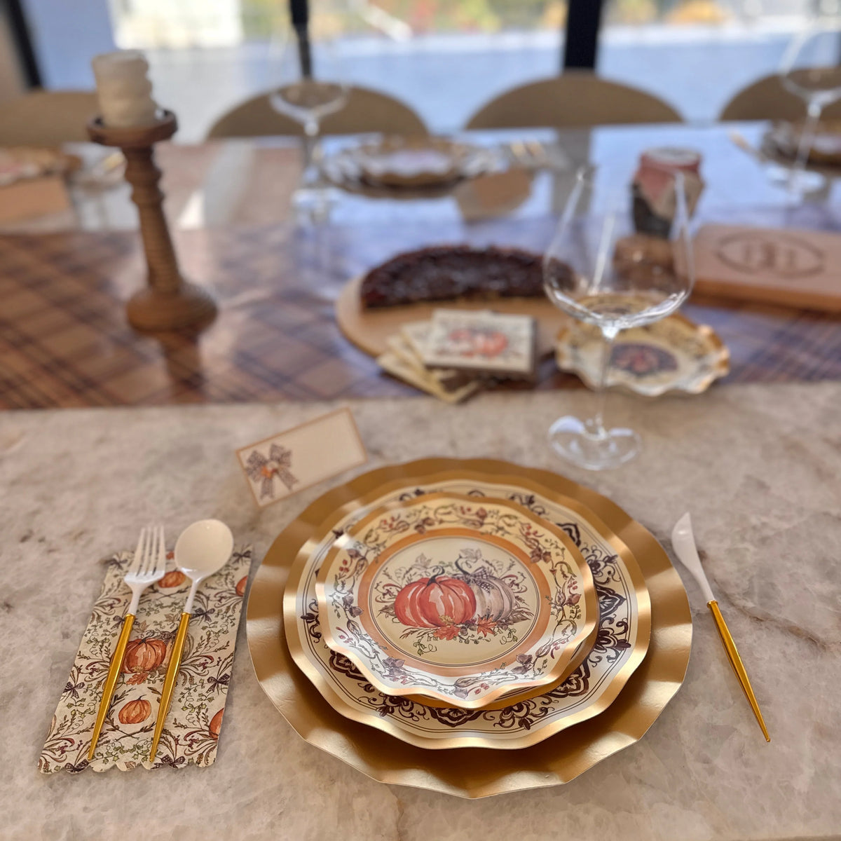 Thanksgiving Plates Heavy-Duty Disposable Paper Gold Accents