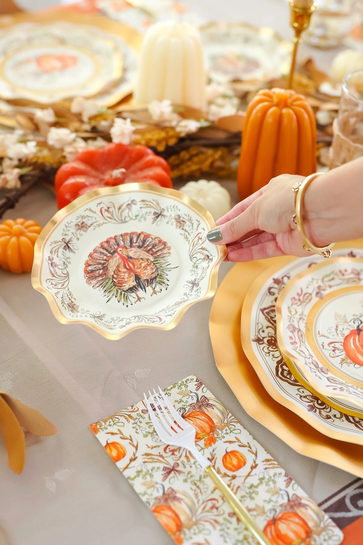 Thanksgiving Plates Heavy-Duty Disposable Paper Gold Accents