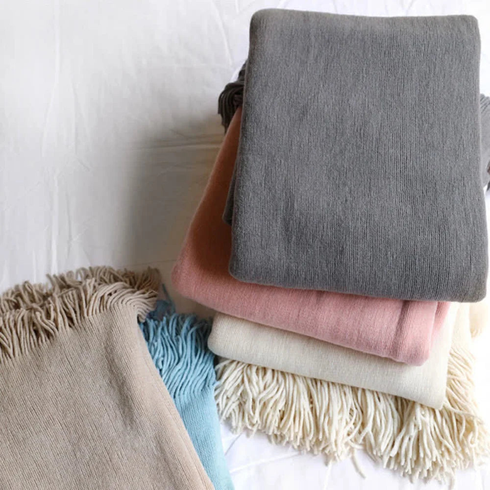 Throw Blanket Chunky Knit Acrylic Tassel Fringe
