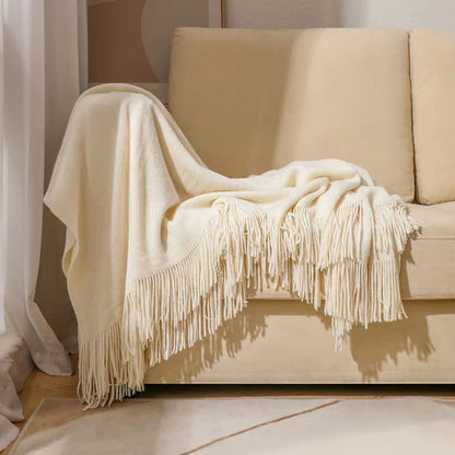 Throw Blanket Chunky Knit Acrylic Tassel Fringe