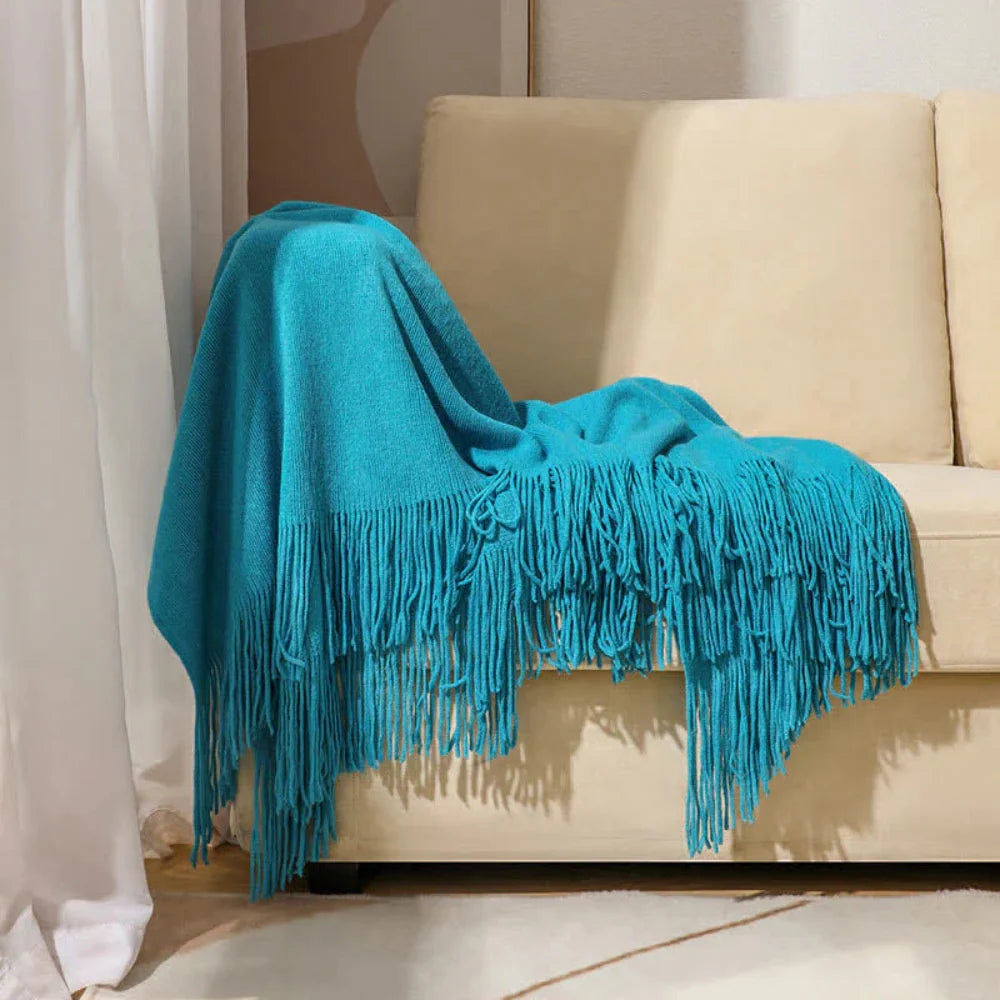 Throw Blanket Chunky Knit Acrylic Tassel Fringe