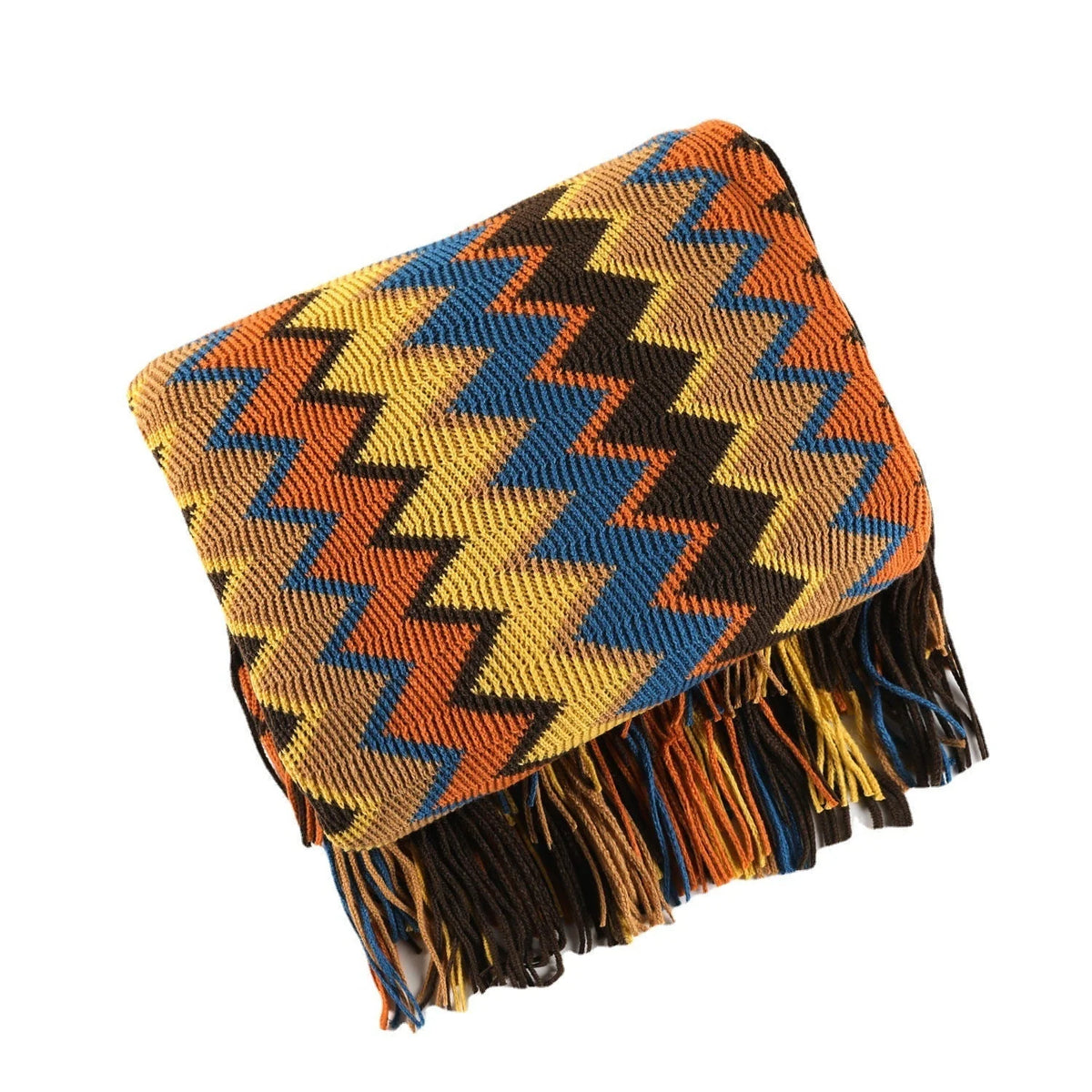 Throw Blanket Hand-Knitted Chevron Pattern With Fringed Edges