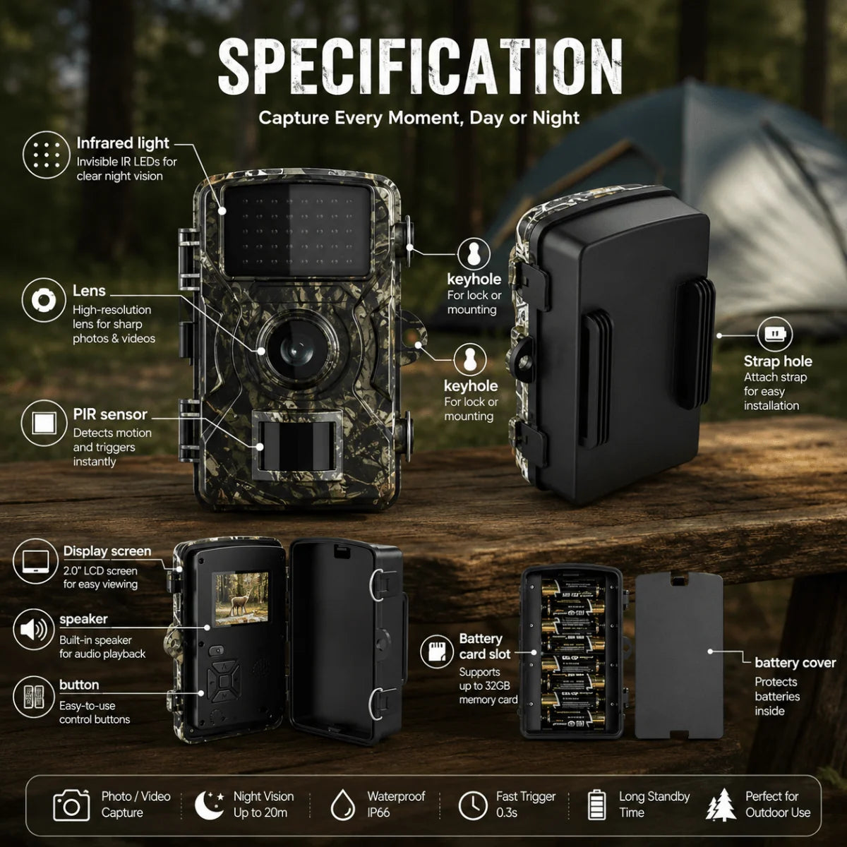 Trail Camera Night Vision Motion-Triggered Weatherproof