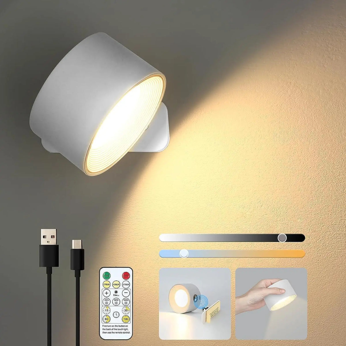 Wall Lamp Magnetic 360° Rotating Rechargeable Dimmable LED with Remote Control