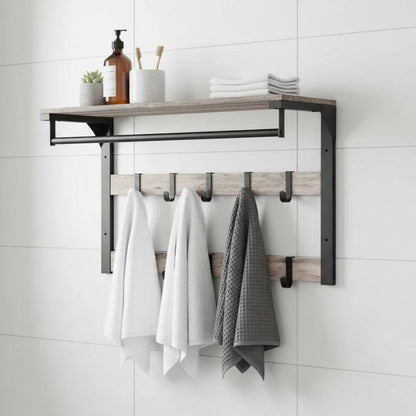 Wall-Mounted Coat Rack Shelf Adjustable Hooks & Clothes Rail