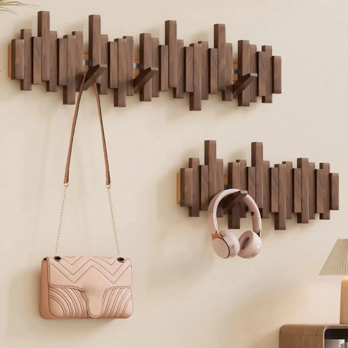Wall-Mounted Coat Rack Wooden Self-Folding Hooks Space-Saving