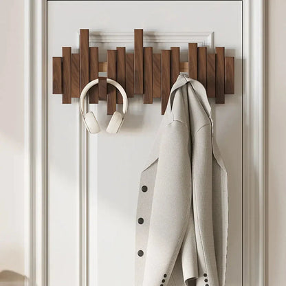 Wall-Mounted Coat Rack Wooden Self-Folding Hooks Space-Saving